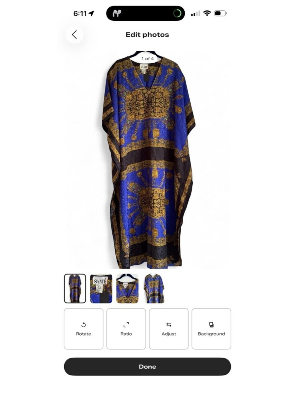 Vintage Sante Kaftan Blue & Gold Baroque Medallion and Chain Pattern One Size
